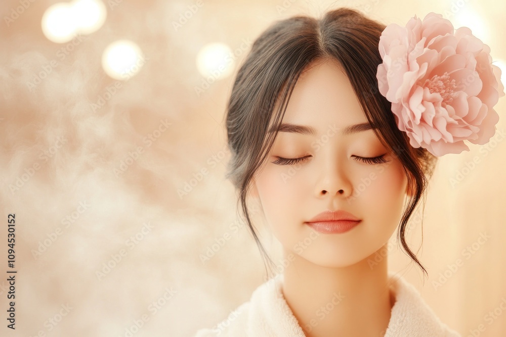 Calm woman with pink flower in steamy elegance Calm woman with pink flower in steamy elegance