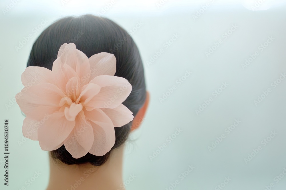 Naklejka premium Elegant chignon adorned with a soft pink flower decor