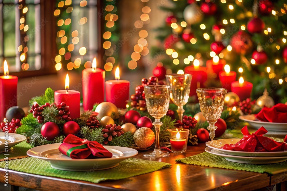 Elegant Festive Table Setting with Beautiful Christmas Decorations, Perfectly Arranged for a Memorable Holiday Dinner Celebration with Candles, Ornaments, and Delicious Food Spread Elegant Festive Table Setting with Beautiful Christmas Decorations, Perfectly Arranged for a Memorable Holiday Dinner Celebration with Candles, Ornaments, and Delicious Food Spread