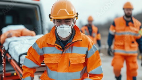 Emergency response team assisting in rescue operation urban area photo outdoor close-up safety