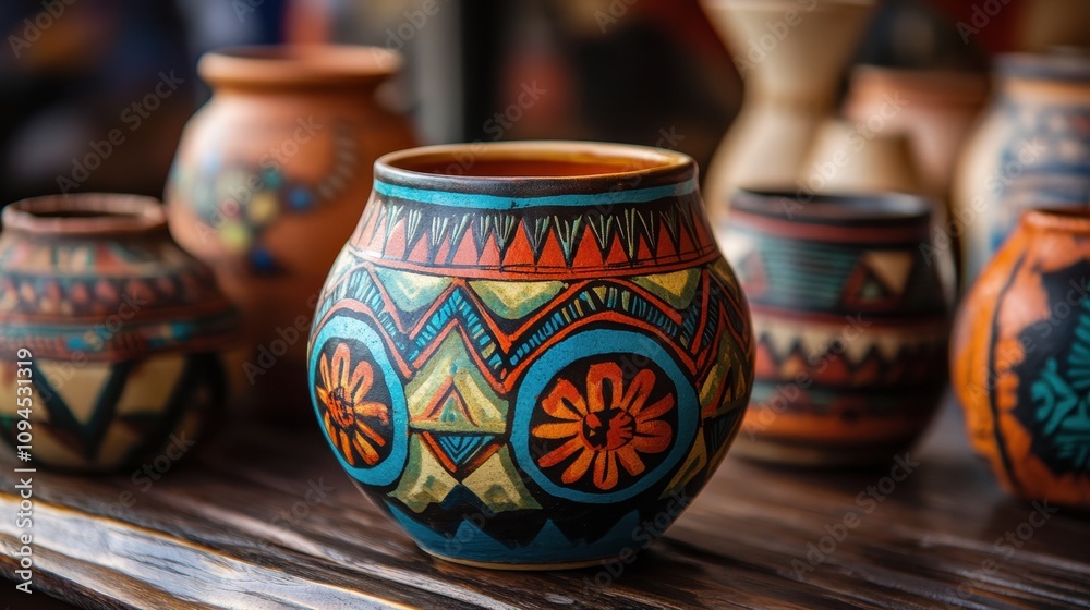 Close-up view of a handmade ceramic pot with vibrant Southwestern patterns, showcasing artisanship Close-up view of a handmade ceramic pot with vibrant Southwestern patterns, showcasing artisanship