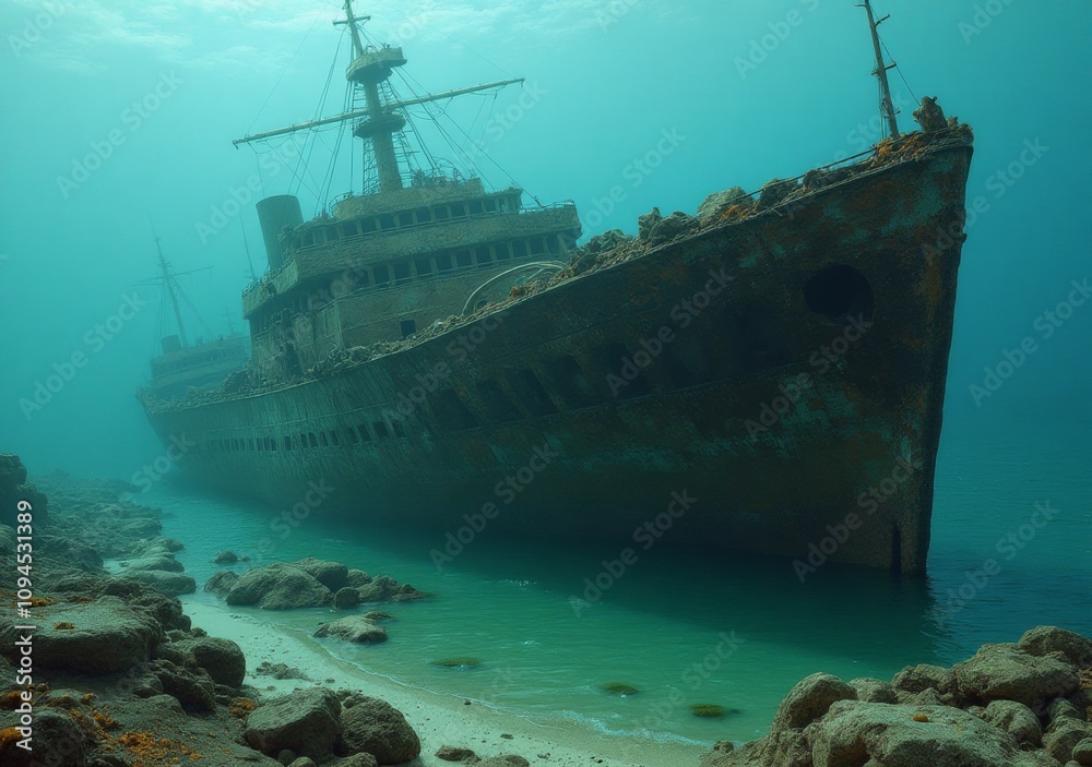Underwater view of a sunken ship resting on the ocean floor at twilight Underwater view of a sunken ship resting on the ocean floor at twilight