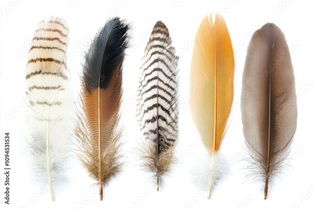 A collection of five diverse bird feathers showcasing different colors and patterns. A collection of five diverse bird feathers showcasing different colors and patterns.