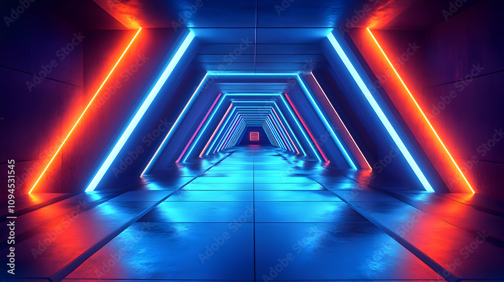 Fototapeta premium 3D Render of Abstract Neon Tunnel with Blue and Orange Lights