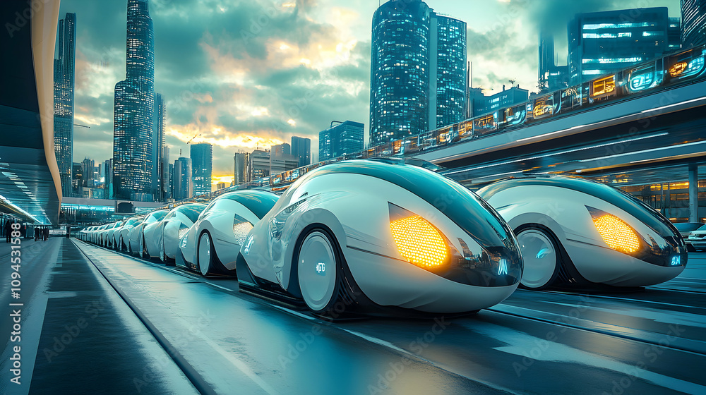 Futuristic Autonomous Vehicles Line Up in a Modern City at Dusk: A 3D Digital Illustration of a Sleek, White, and Teal Self-Driving Car Fleet