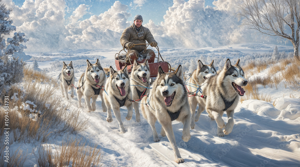 Man driving a sled pulled by a team of husky dogs in a snowy landscape. Man driving a sled pulled by a team of husky dogs in a snowy landscape.