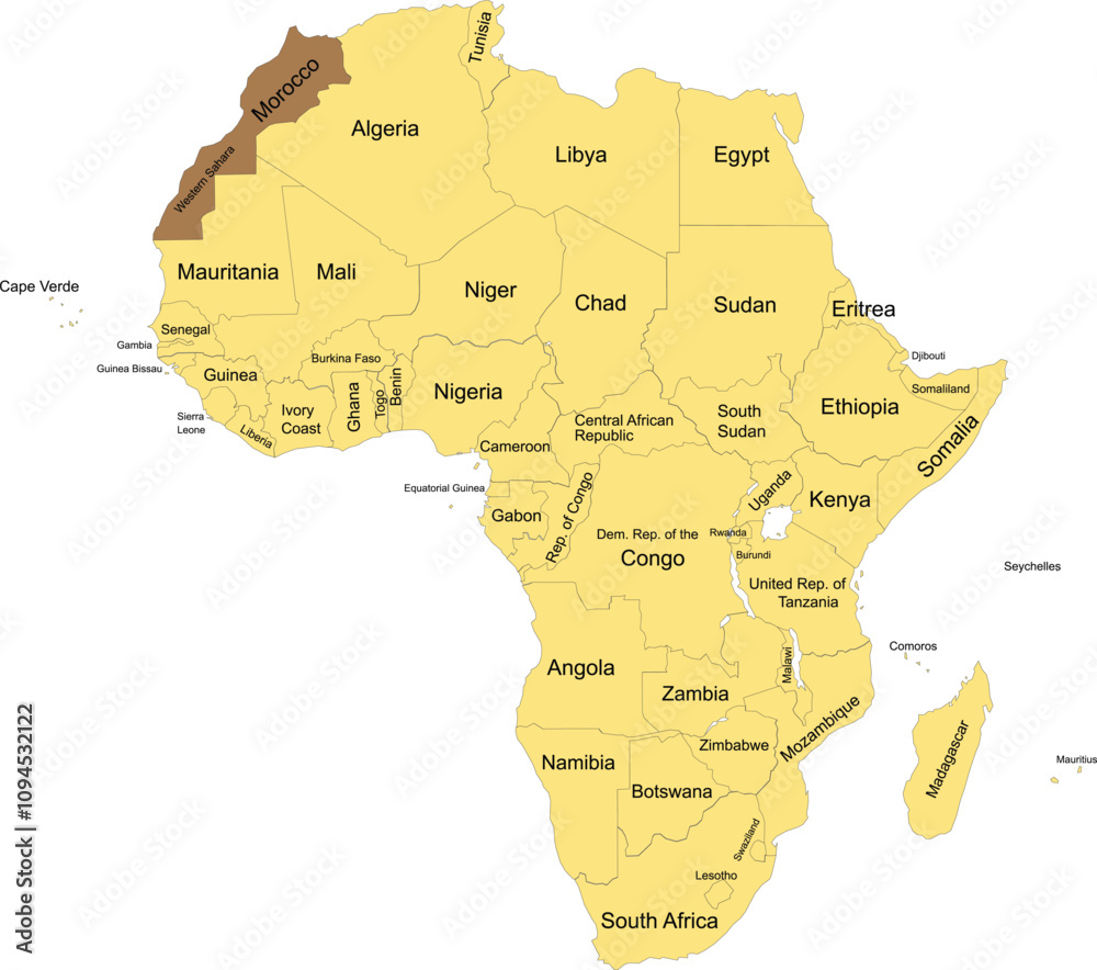 Obraz premium Vector illustration of the detailed national location map of MOROCCO within the great continent of Africa