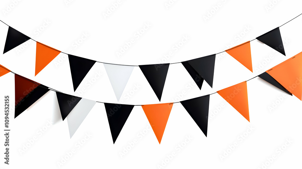 Fototapeta premium Orange, Black, White Triangular Bunting Flags Festive Decoration on White Background