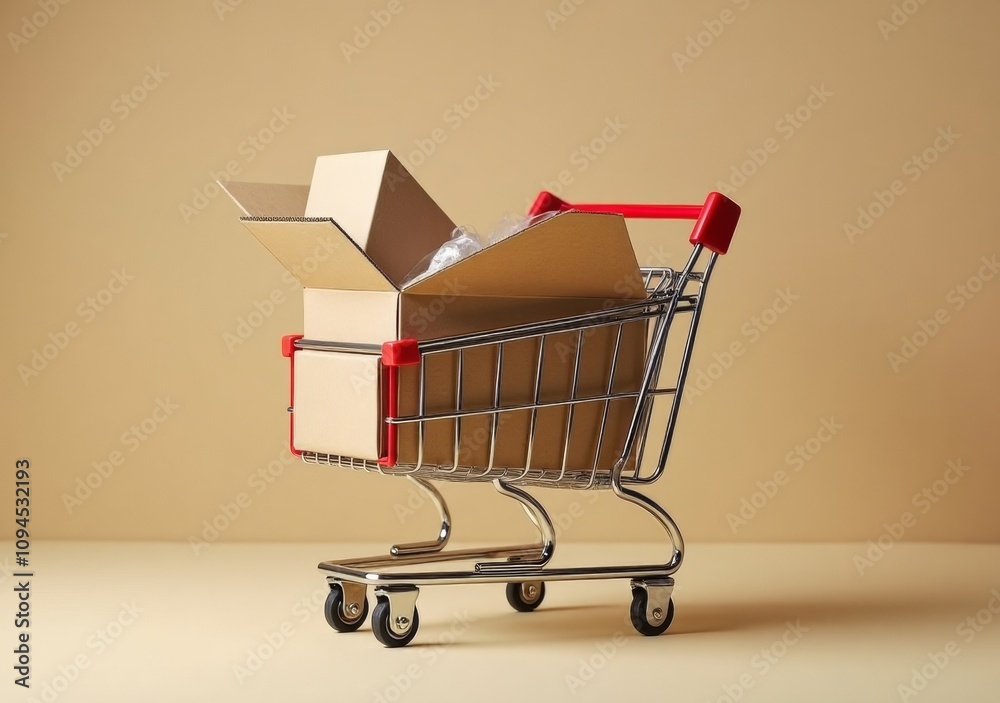Shopping cart filled with brown boxes on a neutral background ready for delivery Shopping cart filled with brown boxes on a neutral background ready for delivery