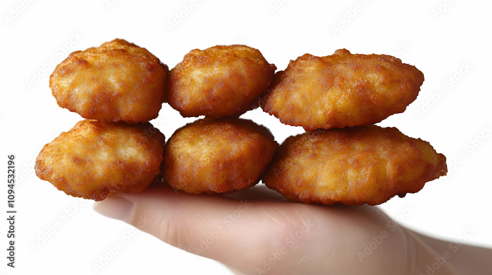 Crispy Fried Chicken Nuggets Stacked on a Hand, Close-up Photo Crispy Fried Chicken Nuggets Stacked on a Hand, Close-up Photo
