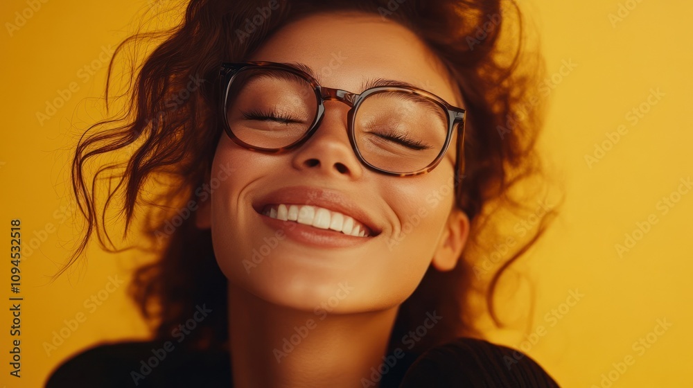 Smiling woman with glasses against yellow background Smiling woman with glasses against yellow background