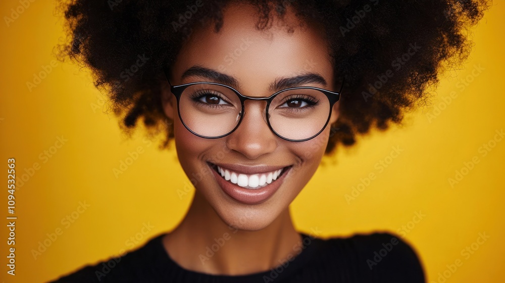 Smiling woman with curly hair wearing stylish glasses Smiling woman with curly hair wearing stylish glasses