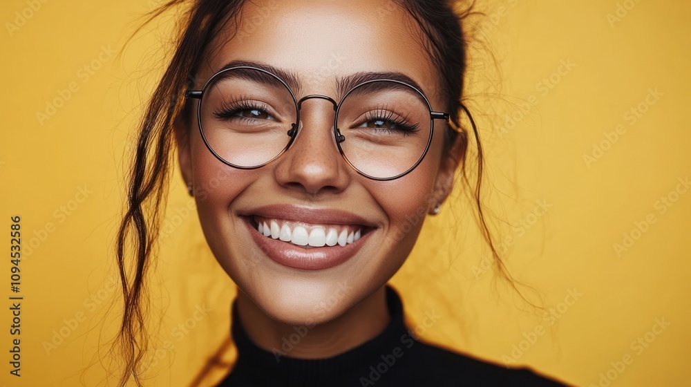 Smiling woman with glasses on bright yellow backdrop