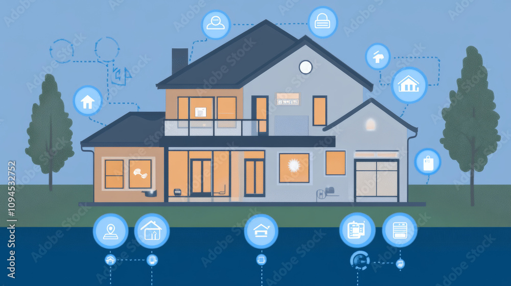 A smart home is shown with numbers and icons of home devices, all connected.  It's an illustration of a smart home system on a blue background.