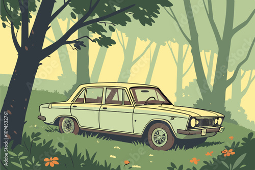 Watercolor Painting of an Old Car in a Forest photo