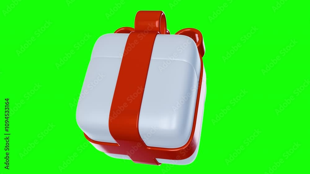 White gift box with red bow rotation on green background. Realistic design element for birthday, celebration, holiday. 3d animation.