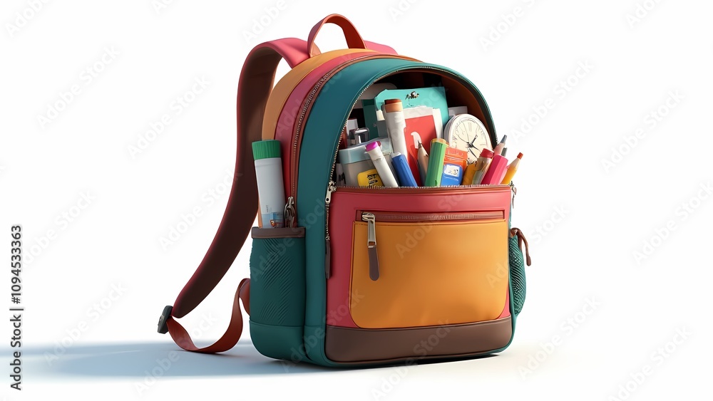 A colorful cartoon backpack filled with school supplies like pencils, rulers, and markers for education. A colorful cartoon backpack filled with school supplies like pencils, rulers, and markers for education.