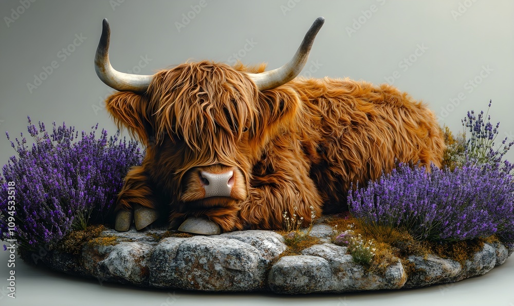 Obraz premium Scottish Highland cows sitting on the ground with lavender
