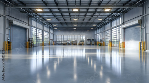 3D Render of a Large, Empty Warehouse with Polished Concrete Floor and Industrial Lighting