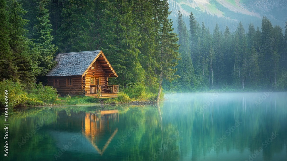 Fototapeta premium Rustic cabin by a lake surrounded by forest, morning light, concept of peaceful local trave