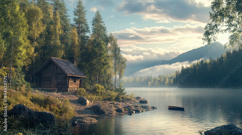 Fototapeta premium Rustic cabin by a lake surrounded by forest, morning light, concept of peaceful local trave