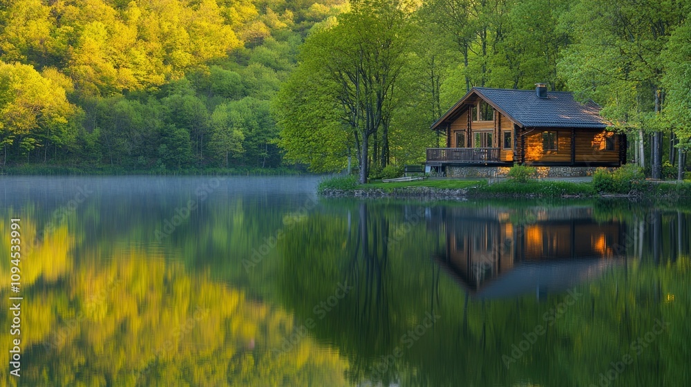 Fototapeta premium Rustic cabin by a lake surrounded by forest, morning light, concept of peaceful local trave