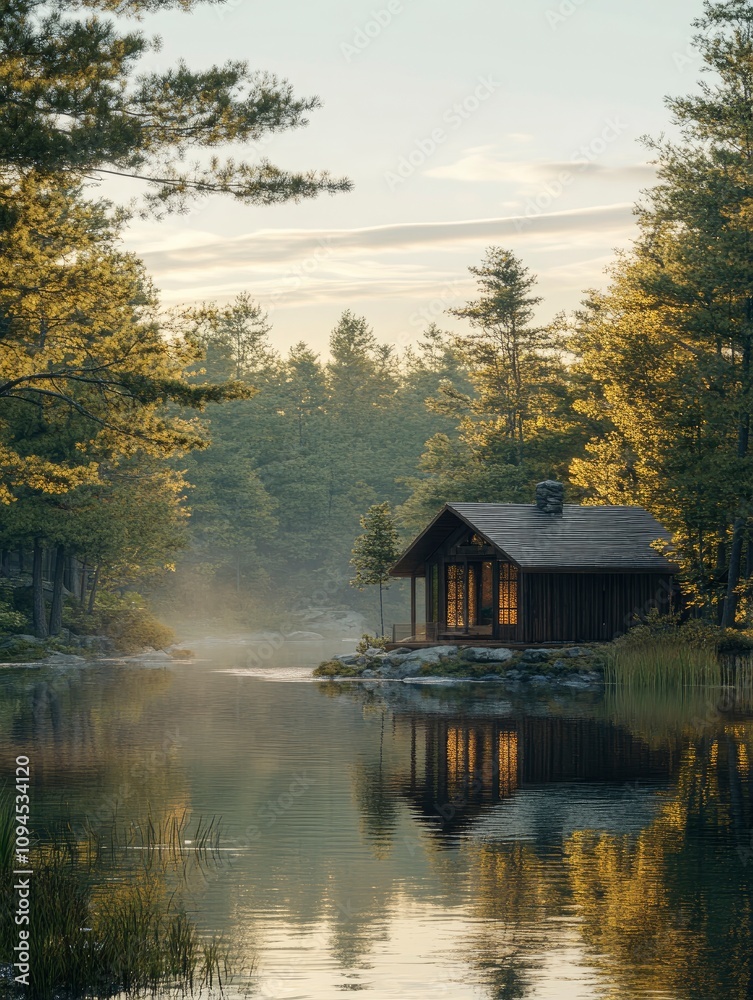Fototapeta premium Rustic cabin by a lake surrounded by forest, morning light, concept of peaceful local trave