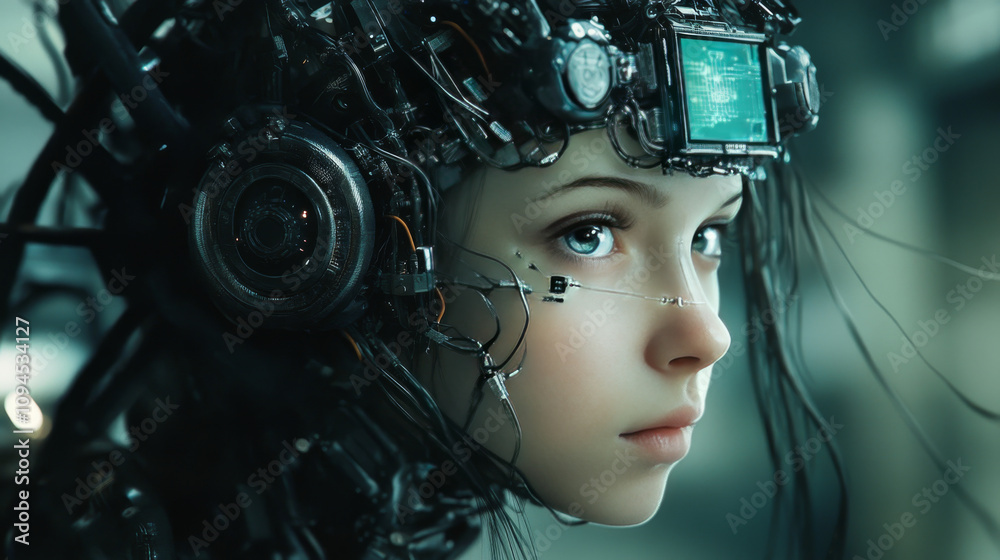 A cyborg girl with an electronic brain shows artificial intelligence. Her neural network was trained using a virtual interface. This represents machine learning in science fiction. A cyborg girl with an electronic brain shows artificial intelligence. Her neural network was trained using a virtual interface. This represents machine learning in science fiction.