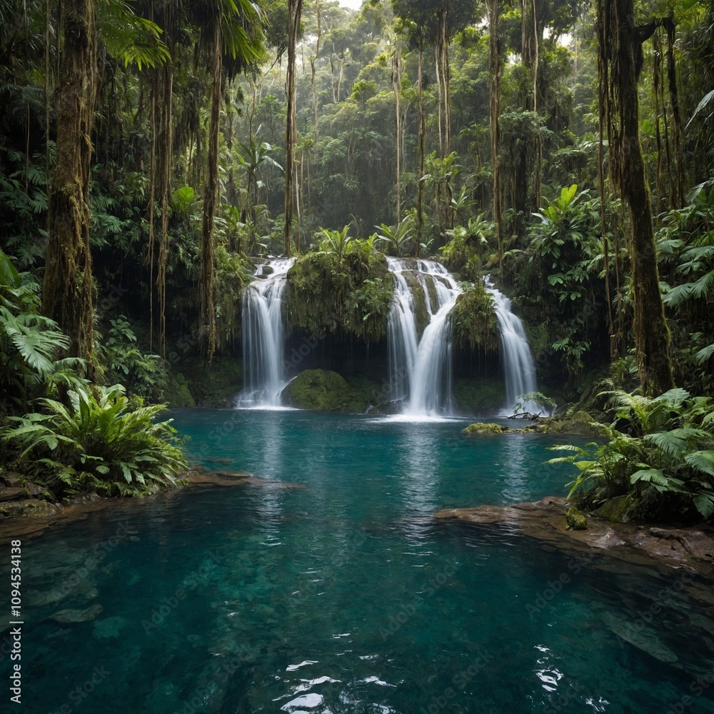 A dense rainforest with towering trees and sparkling waterfalls cascading into a clear pool. A dense rainforest with towering trees and sparkling waterfalls cascading into a clear pool.