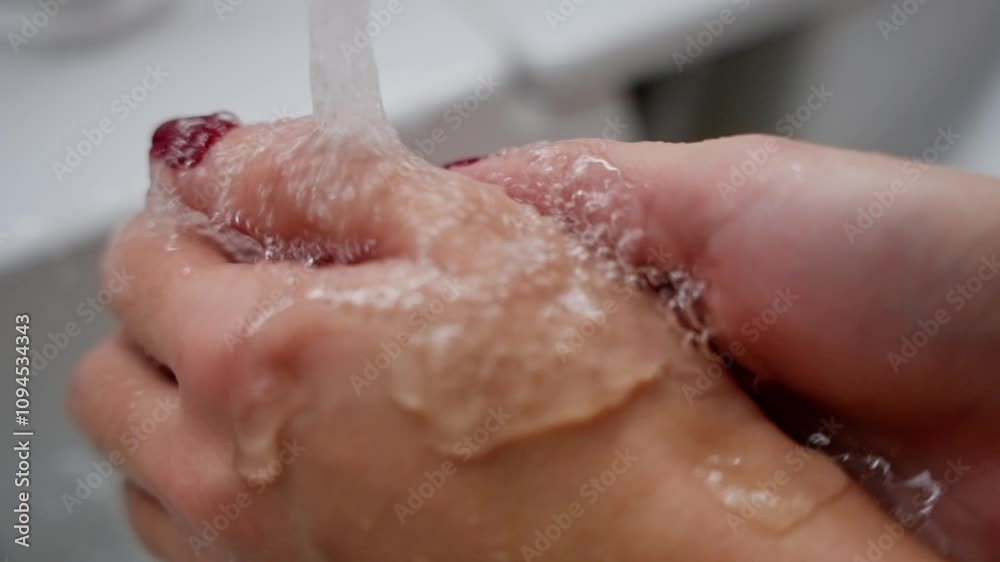Close up of a woman meticulously rubbing her hands together under a stream of water, ensuring a complete and hygienic clean Close up of a woman meticulously rubbing her hands together under a stream of water, ensuring a complete and hygienic clean