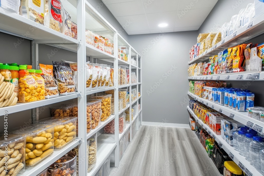 Fototapeta premium A well-organized pantry showcasing various snacks and beverages on shelves.