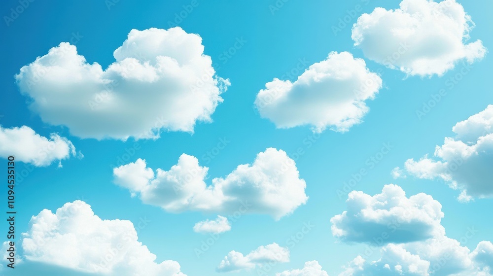 A serene sky filled with fluffy white clouds against a bright blue background. A serene sky filled with fluffy white clouds against a bright blue background.
