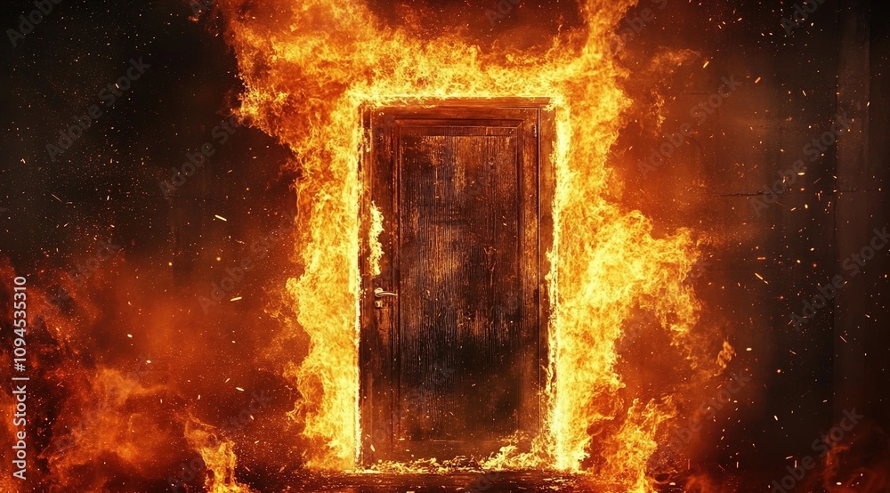 Flames surrounding an open door, flames surrounding the frame of a rectangular wooden door Flames surrounding an open door, flames surrounding the frame of a rectangular wooden door