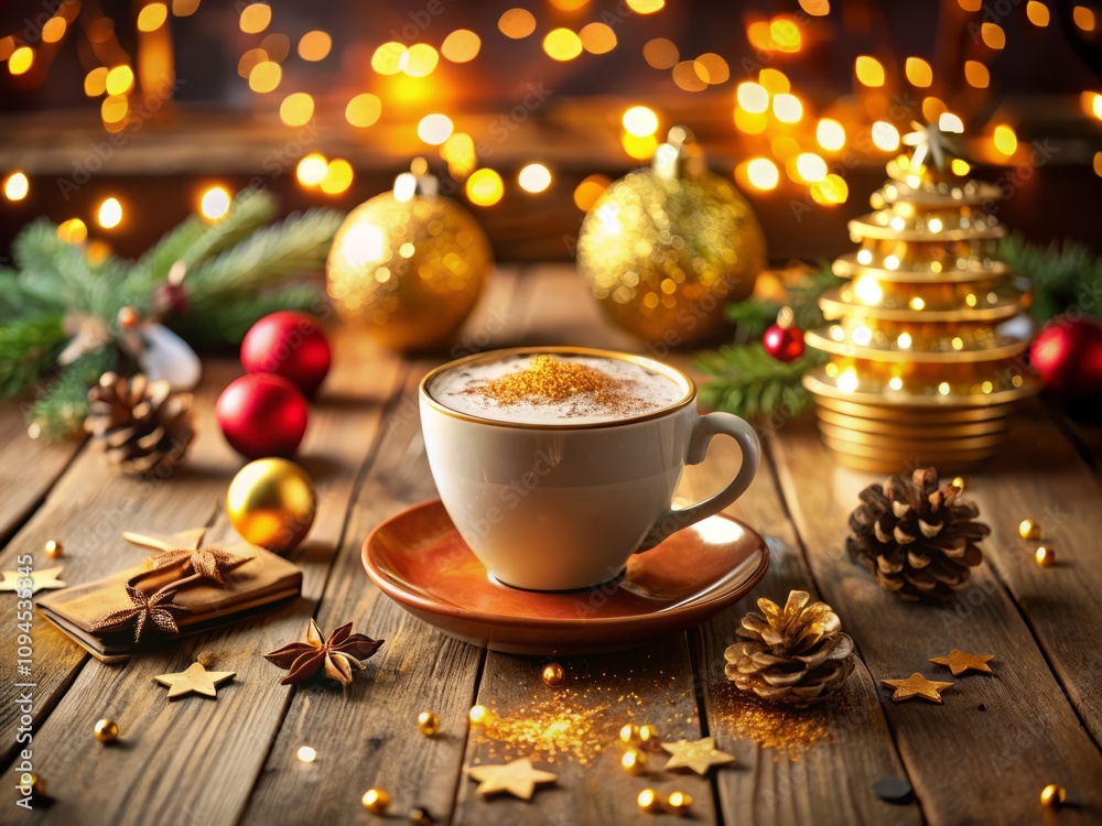 Festive Christmas Latte with Golden Glitter Art in a Cozy Cafe Setting, Captured in Tilt-Shift Photography Style for Holiday Cheer and Warmth Festive Christmas Latte with Golden Glitter Art in a Cozy Cafe Setting, Captured in Tilt-Shift Photography Style for Holiday Cheer and Warmth