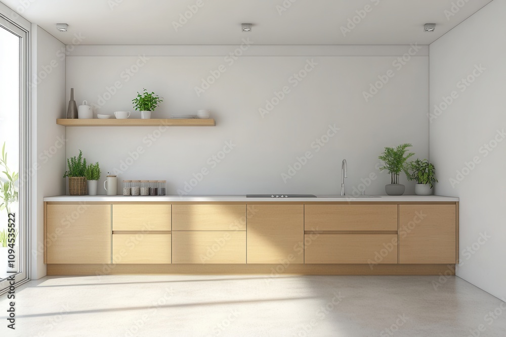 Fototapeta premium Modern kitchen interior with wooden cabinets and plants.