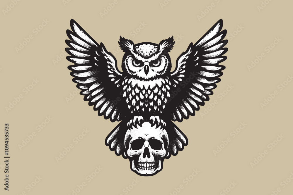 Black and white engraving of an owl with wings spread perched on a human skull, mystical and gothic tattoo-style vector illustration Black and white engraving of an owl with wings spread perched on a human skull, mystical and gothic tattoo-style vector illustration