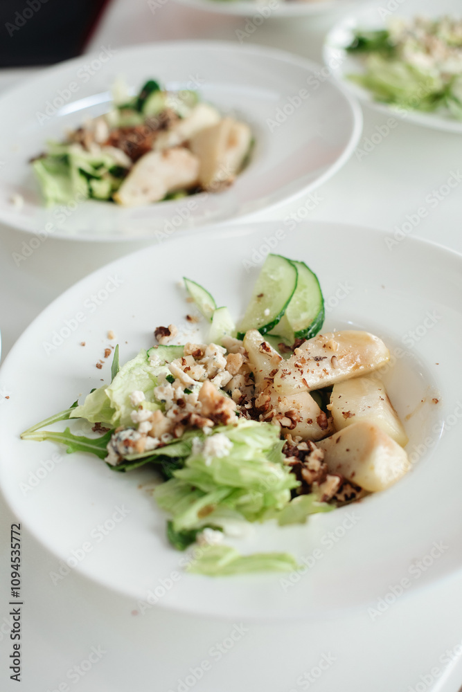 Salad with blue cheese, pears, nuts, chard and arugula Salad with blue cheese, pears, nuts, chard and arugula