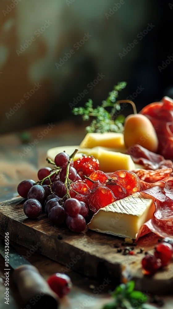 Professional close-up photo of a charcuterie board with an assortment of cheeses, fruits, and meats Professional close-up photo of a charcuterie board with an assortment of cheeses, fruits, and meats