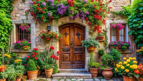 Charming European Entrance Door Surrounded by Vibrant Flowers and Lush Greenery, Inviting Atmosphere, Architectural Beauty, Rustic Charm, and Warmth of Home photo