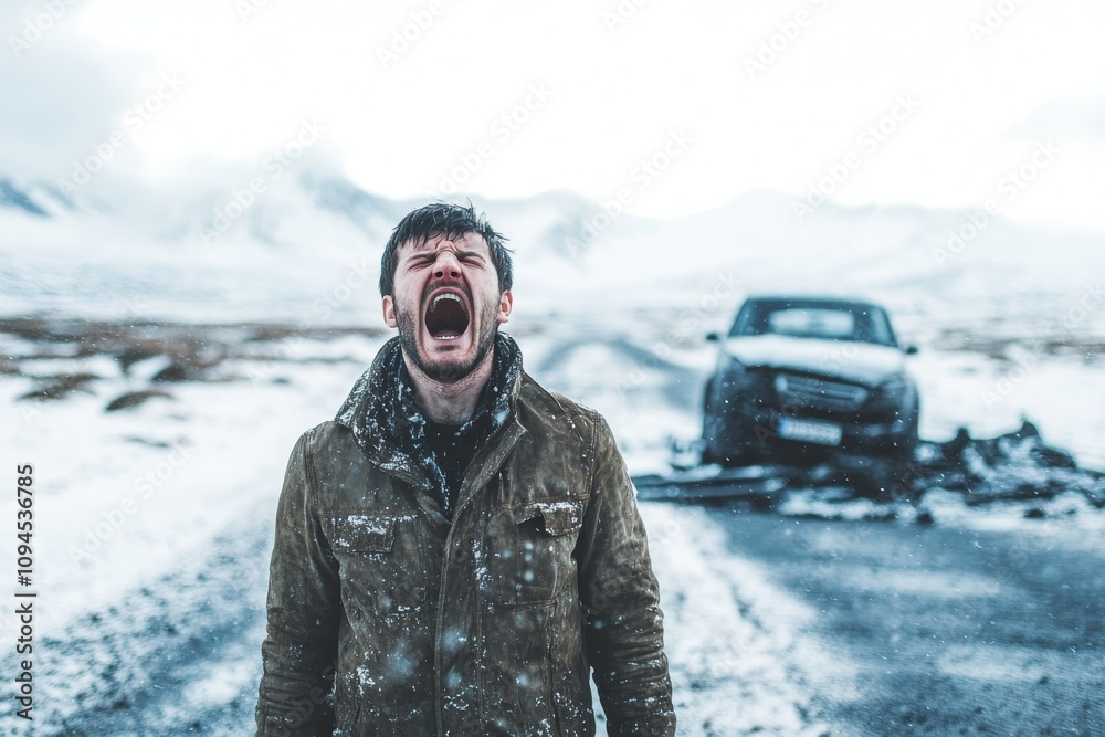 The driver is angry and frustrated while waiting for assistance next to his broken car during the winter season. The driver is angry and frustrated while waiting for assistance next to his broken car during the winter season.