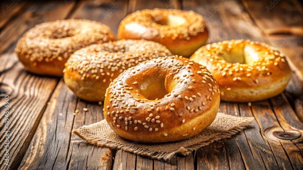 Freshly Baked Sesame Bagels on Rustic Wooden Surface with a Warm, Inviting Atmosphere Perfect for Breakfast or Brunch Settings, Capturing the Essence of Artisan Bakery Delights Freshly Baked Sesame Bagels on Rustic Wooden Surface with a Warm, Inviting Atmosphere Perfect for Breakfast or Brunch Settings, Capturing the Essence of Artisan Bakery Delights
