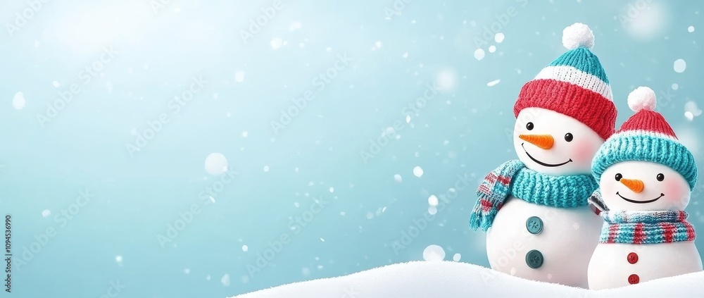 Soft snow and blue background with knitted snowmen Soft snow and blue background with knitted snowmen