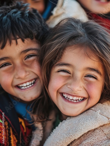 Professional close up photo of children from different cultural backgrounds laughing together