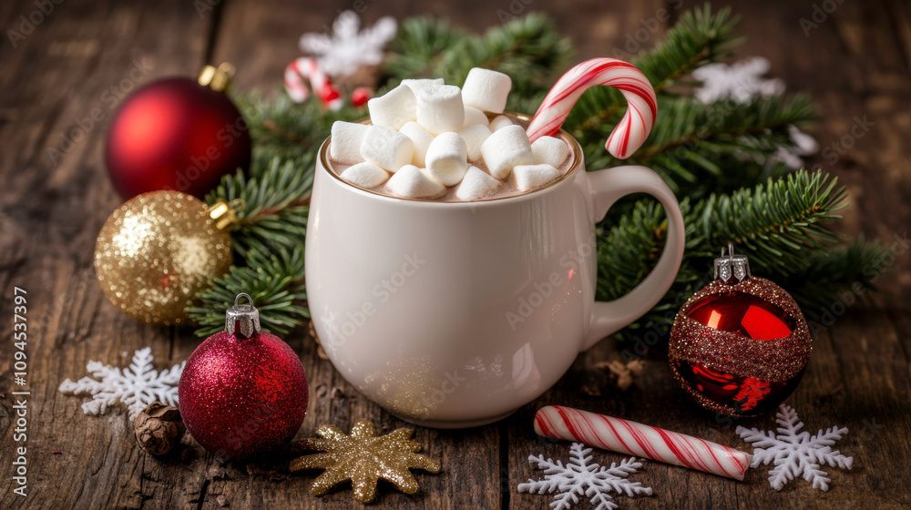 A Warm Hot Chocolate with Marshmallows, Candy Canes and Christmas Decorations on a Wooden Table. A Warm Hot Chocolate with Marshmallows, Candy Canes and Christmas Decorations on a Wooden Table.