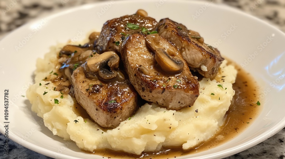 Creamy mashed potatoes topped with tender pork medallions, garnished with flavorful chanterelle sauce and mushrooms in a white bowl.