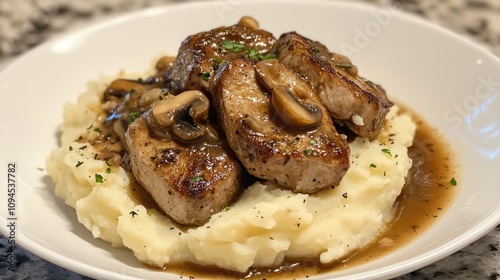 Creamy mashed potatoes topped with tender pork medallions, garnished with flavorful chanterelle sauce and mushrooms in a white bowl.