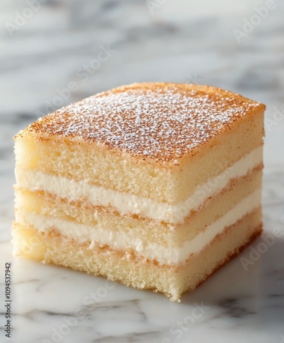Delicious slice of layered cake topped with cinnamon on a white plate