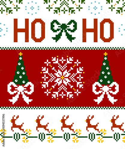 Christmas abstract art background, print, fabric, handmade, embroidery, Pixel pattern, seamless Geometric ethnic oriental, wallpaper, clothing, wrapping, Batik, fabric, and illustration embroidery.