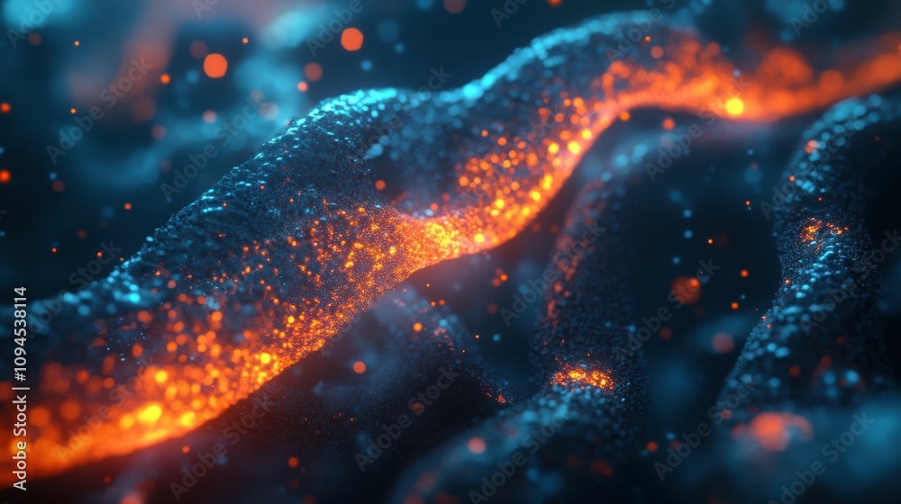 Strand of genetic material glowing under microscopic view.