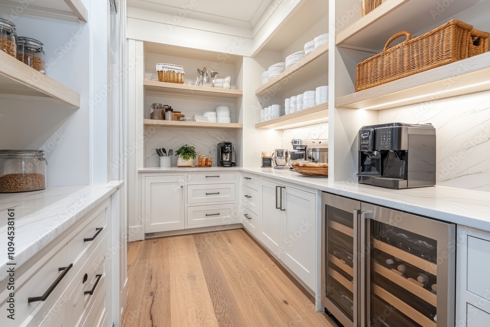Modern kitchen pantry with organized shelves and appliances for food and drink preparation. Modern kitchen pantry with organized shelves and appliances for food and drink preparation.
